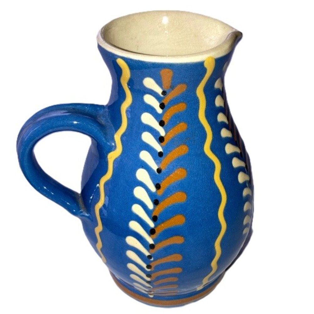 ITALIAN Ceramic Mini Pitcher Jug Handcrafted Blue Yellow Orange Cream 6 x 5 inch